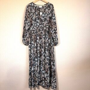 Women’s NWT Brown Cream Black Floral Long-Sleeve Maxi Dress Button Front Size XL